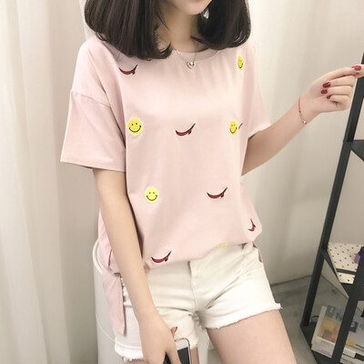 

VIVAHEART Korean casual fashion smiley print T-shirt round neck short sleeve jacket female VWTD174133 pink S