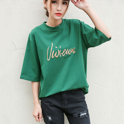 

Longyue women&39s letter embroidery short-sleeved T-shirt simple wild primer LWTD174102 green L