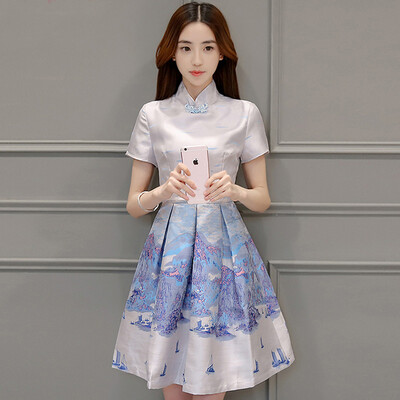 

Siberian woman 2017 summer short-sleeved cheongsam stand collar buckle fashion ink printing high waist Korean dress S71R0570A28S color S