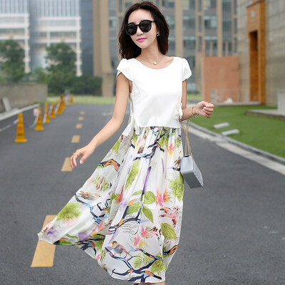 

Сиань Ya корейской моды Тонкий темперамент печати дамы с короткими рукавами диких шею шифон длинный пункт платье женщина zx16040512 белый XL