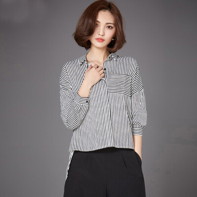 

Siberian ropes 2017 autumn women lapel black&white vertical stripes before short after long personality shirt S71R0084A361S black&white stripes
