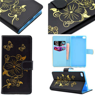 

Черная горячая штамповка фольги Золотой дизайн PU кожа флип крышку кошелек карты держатель чехол для Huawei Ascend P8