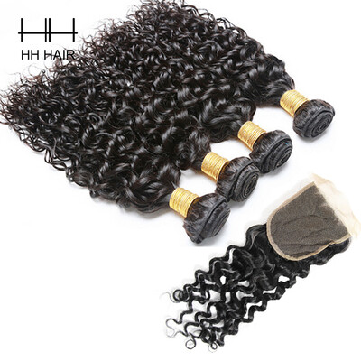 

HHHair Peruvian Virgin Hair 3 Bundles With 1pc 4x4 Closure Peruvian Water Wave Virgin Hair With Closure Wet Wavy 3 Bundle Deals Hu