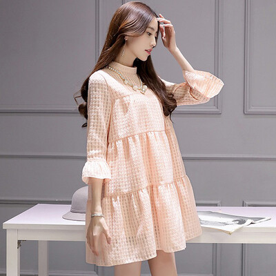 

Siberian ropes 2017 pink round neck seven sets of sleeves sleeves loose lovers sleeves waist lace shirt with necklace S71R0738A7L white L