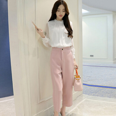 

Siberian woman 2017 spring ladies pure color OL shirt shirt take the pink nine points wide leg pants suit S71R0359A1182XL on the white powder XL