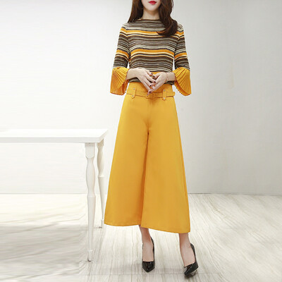 

Xian Ya Korean fashion Slim temperament was thin round collar striped coat wild simple leisure wide leg pants suit female zx16050316 yellow L