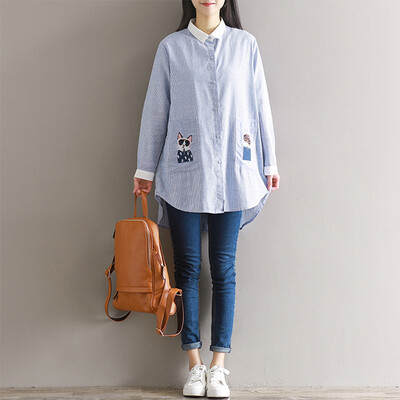 

CITYPLUS Wensheng Wristline Striped Embroidery Loose Large Size Shirt Dress CWQZ172350 Blue Striped L
