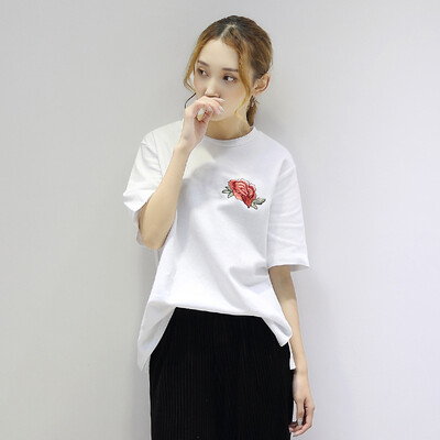 

City Plus CITYPLUS Artistic Loose Round Collar Rose Embroidery Casual T-Shirt Female CWTD173453 White L
