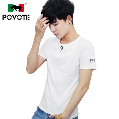 

Paulo rhinoceros (POVOTE) T-shirt men's round neck Slim solid color cotton symbol letters printed short section of young men's youth casual men's clothing PVYRT233 green L