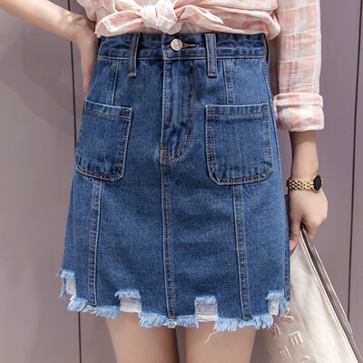 

Long Yue women's high waist Slim denim skirt splicing irregular burr skirt wild skirt LWQZ173403 dark blue L