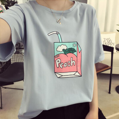 

VIVAHEART Round Collar Cartoon Print Student Short Sleeve T-shirt T-shirt VWTD174236 Blue