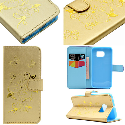 

Gold Hot Stamping Foil Gold Design PU Leather Flip Cover Wallet Card Holder Case for Samsung GALAXY S6 Edge