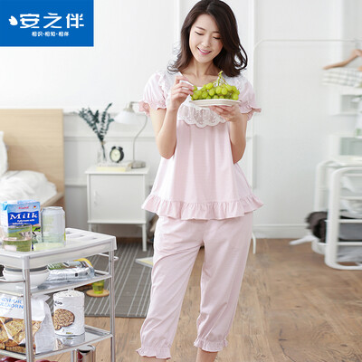 

Anzhiban anzhiban пижамы 2017 лето Корейский сладкий милый с короткими рукавами женский костюм полосы освобождает лето домашний сервис 72K7281 свет bean sand XL