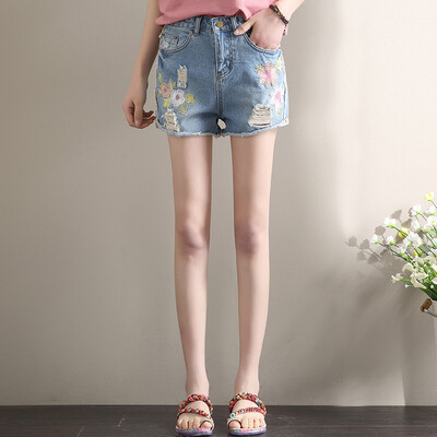 

City Plus CITYPLUS Faculty of Arts Wind embroidery loose large size was thin embroidered hot pants burr hole denim shorts CWDK174155 light blue 29