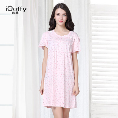 

iCoffy Women Pajamas Summer Цветочный круглый воротник Повседневный хлопок Спящая юбка Главная страница OF7012 Розовый L