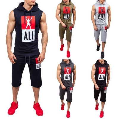 

2016 New men fashion 2 parts sleeveless Hooded sweatshirt&pants set