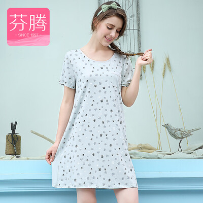 

Fen Teng FENTENG underwear pajamas summer 2017 new comfortable art casual short sleeves sleep dress female X9623126 pink green XL