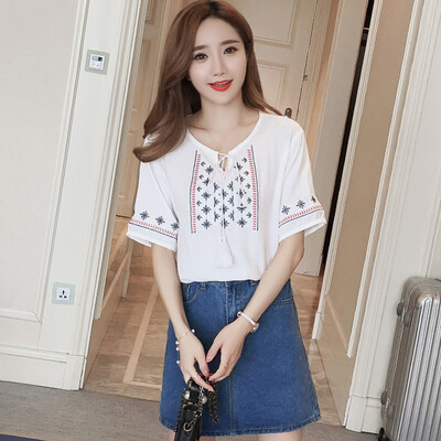 

Long Yue Women's Arts loose T-shirt embroidered short-sleeved linen shirt underwear LWTD174218 white