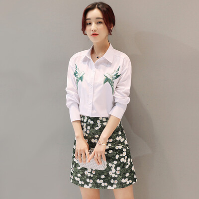 

Long Yue Women Korean Embroidered Dress Long Sleeve Shirt A Word Skirt Set LWQZ172422 White L