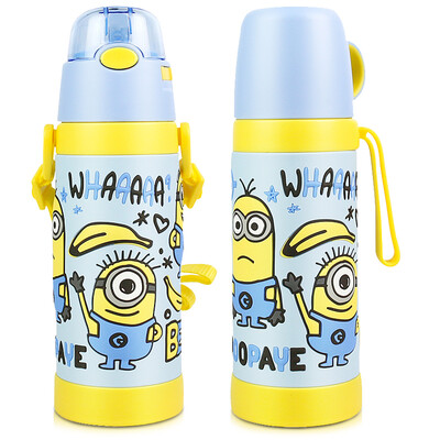

[Jingdong supermarket] small yellow people insulation cups male and female students vacuum stainless steel cups children's portable straw pot double cover sets 450ML blue