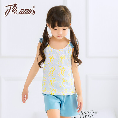 

【Jingdong Supermarket】 Top Guagua (dingguagua) children's pajamas girls summer cotton round neck vest pants home service suit 86039 blue 100