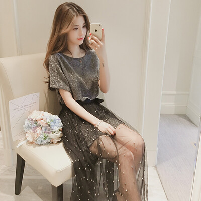 

Sustory womens 2017 summer round neck mesh suit skirt Korean short-sleeved t-shirt skirt casual two-piece womens long dress SU161 silver gray M