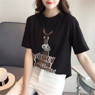 

Long Yue Women Korean loose cartoon print short-sleeved T-shirt fashion wild letter half-sleeve primer shirt LWTD172205 black