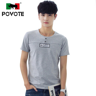 

POVOTE Мужская повседневная футболка с коротким рукавом и клуглым воротником