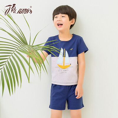 

[Jingdong supermarket] top Guagua (dingguagua) children's pajamas boys summer short-sleeved cotton round neck shorts thin section leisure home service suit 86027 navy blue 110