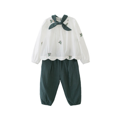 

Fragrance Flordeer French Kids Girls Cactus Shirt Pure Color Casual Pants Two-piece Set F71038 White 100