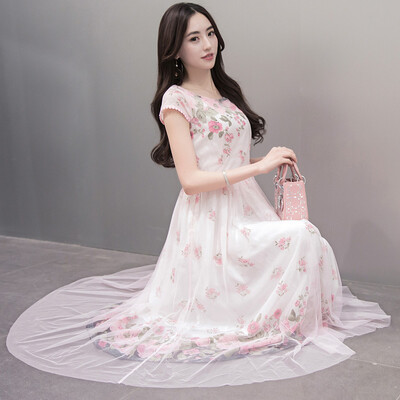 

A pond morning 2017 yarn skirt female summer skirt waist high waist short dress dress long dress S72R0616A26XL pink