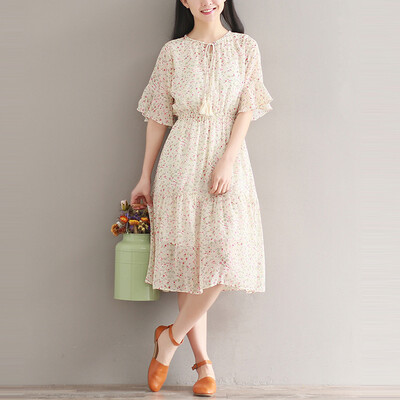 

City plus CITYPLUS retro Sen female women short-sleeved long section of the waist was thin students floral dress CWQZ174452 color
