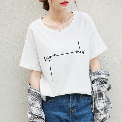 

City Plus CITYPLUS Arts Fan Casual wild fashion letter Embroidered bottom shirt shirt Loose short sleeve T-shirt CWTD174163 Black L