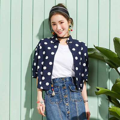 

Semir short-sleeved shirt loose short section of the waist of Hong Kong taste retro wave point shirt 13216040215 blue&white tone M