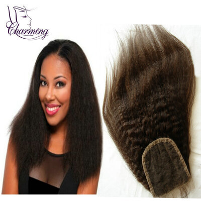 

Cheapest Products Best Peruvian Virgin Hair Kinky Straight Closure Bleached Knots 4 x 4 Free Part Top Lace Closure Human Hair