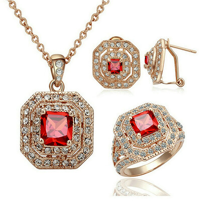 

Yoursfs Indian Luxury Jewelry Sets,18K Rose Gold Plated Bling Cocktail Jewelry,Square Red Crystal Pendant Necklace & Earrings & Ha
