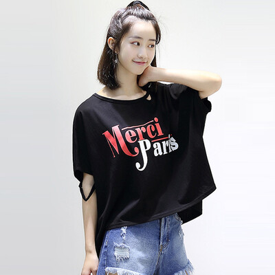 

City Plus CITYPLUS Arts Fan Cave Round Collar Colors Short Form Long Short Sleeve T-Shirt Female CWTD174475 Black L