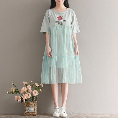 

City Plus CITYPLUS Arts & Crafts Relaxed Round Shaped Print Short Sleeve T-Shirt Splicing Net Yarn Dresses Female CWQZ174457 Light Blue