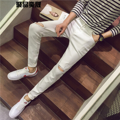 

Jeans mens knee word break nine jeans male Korean slim feet trousers beggars street stretch pants