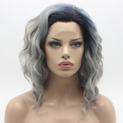 

Iwona Hair Natural Wavy Medium Long Dark Root Grey Ombre Wig Half Hand Tied Heat Resistant Synthetic Lace Front Wig