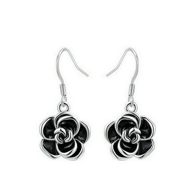 

Yoursfs@ 18K White Gold Plated Black Rose Flower Pendant Drop Hook Earring for Women