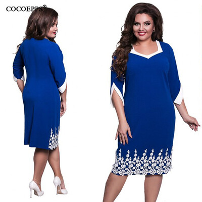 

COCOEPPS  5XL Lace Patchwork Women Dress 2017 Summer Style Plus Size office Big Large Size Dress Casual Loose blue Dresses