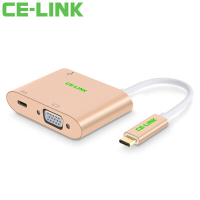 

CE-LINK 1435 Type-C to VGA USB HUB Converter with TV projection 12 &quotMacBook adapter aluminum alloy USB-C rechargeable earth ho gold