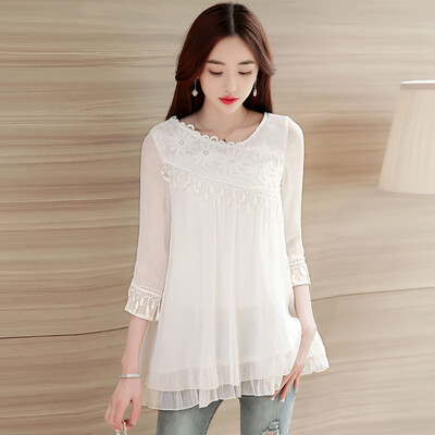 

Пруд утром +2017 осени с длинными рукавами рубашки шифон женская версия была тонкая талия кружева рубашки S71R0698A609M лаванды M