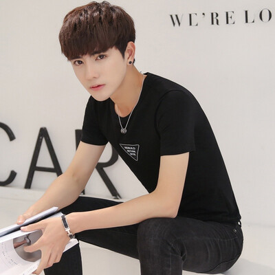 

AEMAPE с короткими рукавами шею с коротким рукавом футболки вышитые стандартных мужская с коротким рукавом корейской Тонкий H9855 черный XL