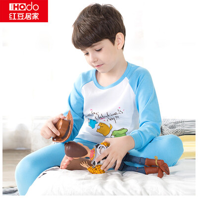 

Red beans home Hodohome children&39s underwear set boys&girls cotton print pattern round neck pajamas autumn clothes pants suit sky blue 13070