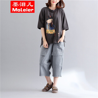 

200kg weight MM large size in the 2017 summer wear loose-fitting&thin printed short sleeve art T-shirt girl