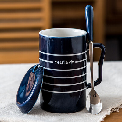 

Porcelain soul ceramic with a lid with a spoon cup simple coffee cup large capacity creative personality couple cups mug line life blue stripes B