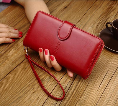 

Wallet women long phone bag oil wax leather zipper big money folder card package