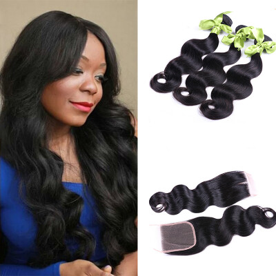 

100% Brazilian Virgin Hair With Closure Body Wave 3 Bundles With Closure Brazilian Body Wave Hair Weaves With Closure 4Pcs/Lot